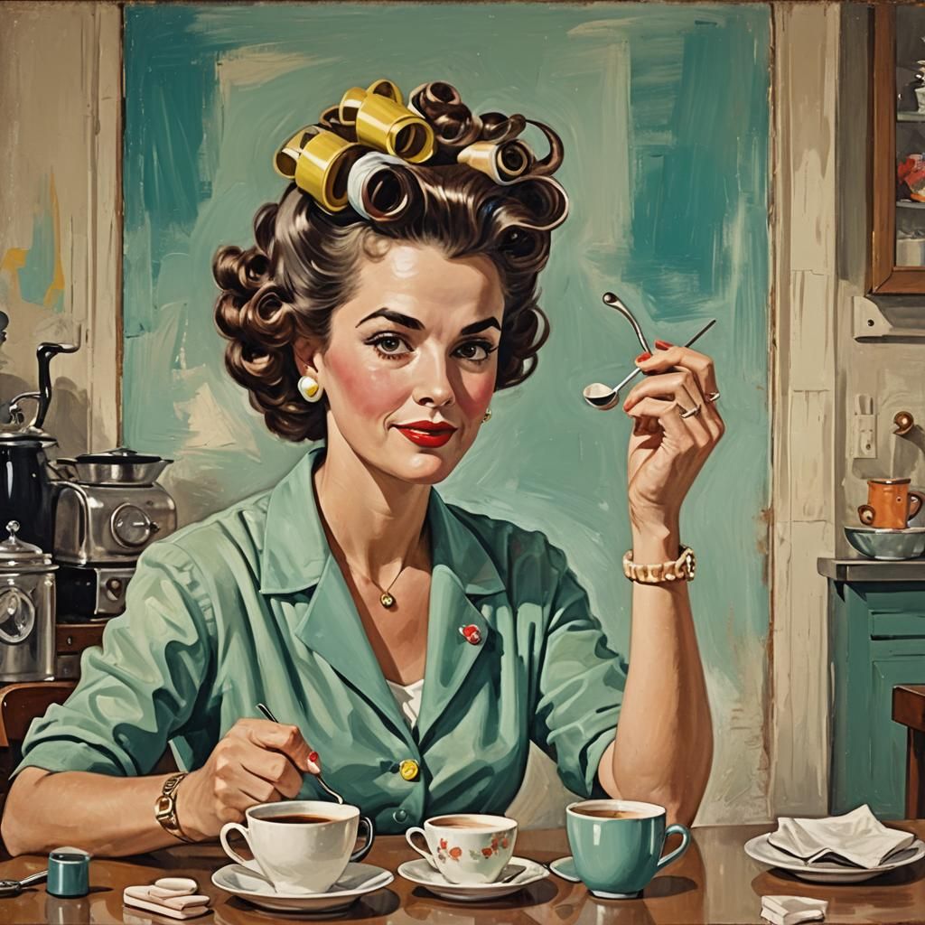 1950s Housewife Enjoying Morning Coffee, Abstract Art