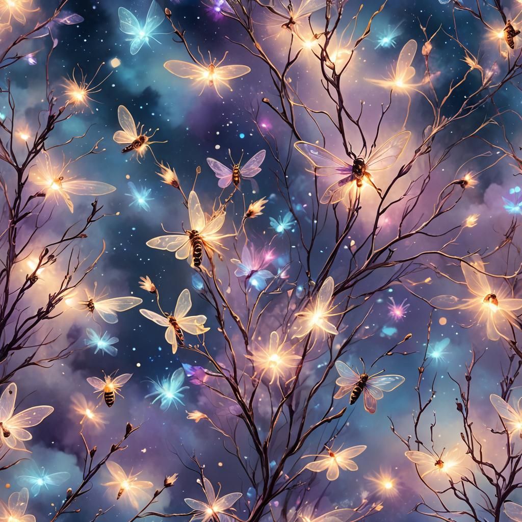 Enchanted Night Sky with Glowing Light Bugs