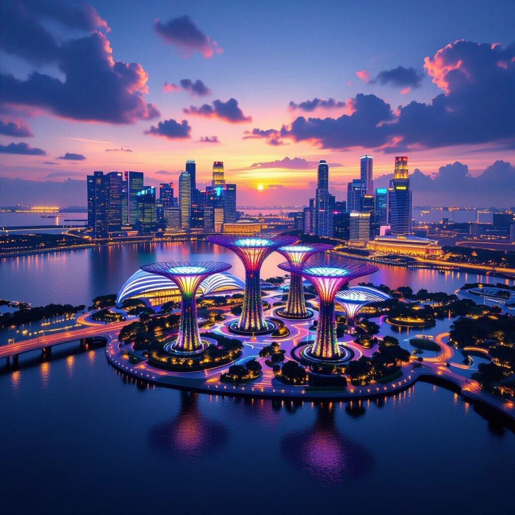 Singapore Marina Bay Dusk Aerial View with Supertrees