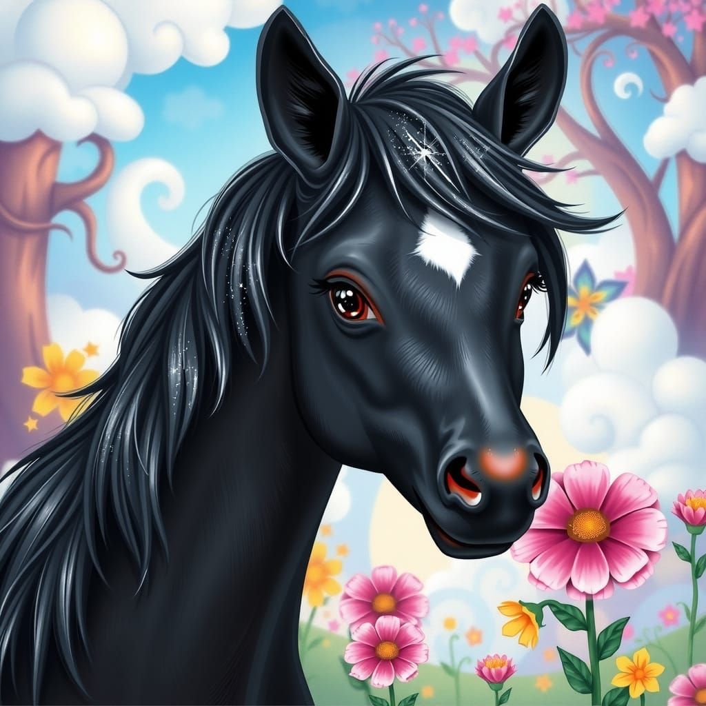 Whimsical Black Pony in Vibrant Fantasy Landscape
