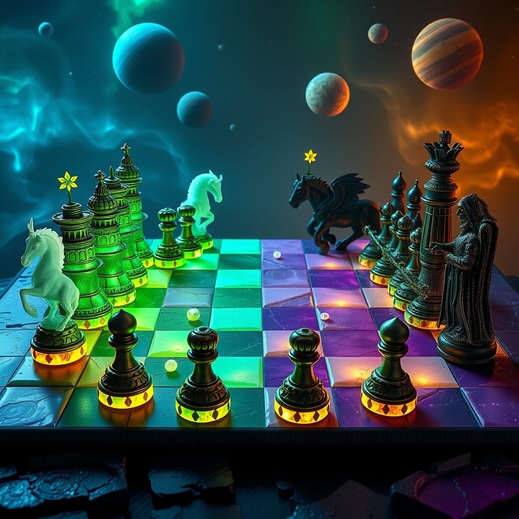 Mystical Cannabis Chessboard with Sativa and Indica Pieces