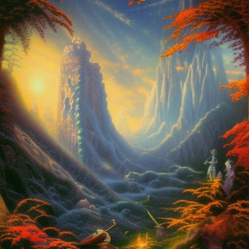 Ethereal Autumn Temple: A Hyperdetailed Gouache Painting