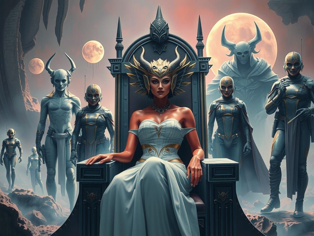 Ruby-Skinned Ambassador on Throne in Surreal Landscape