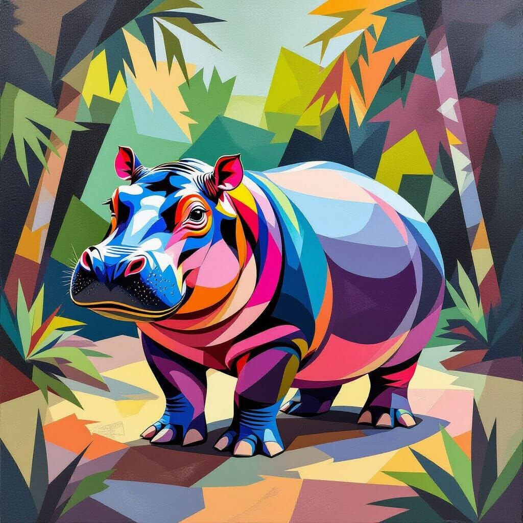 Pygmy Hippo in Thai Habitat, Abstract Cubism Style