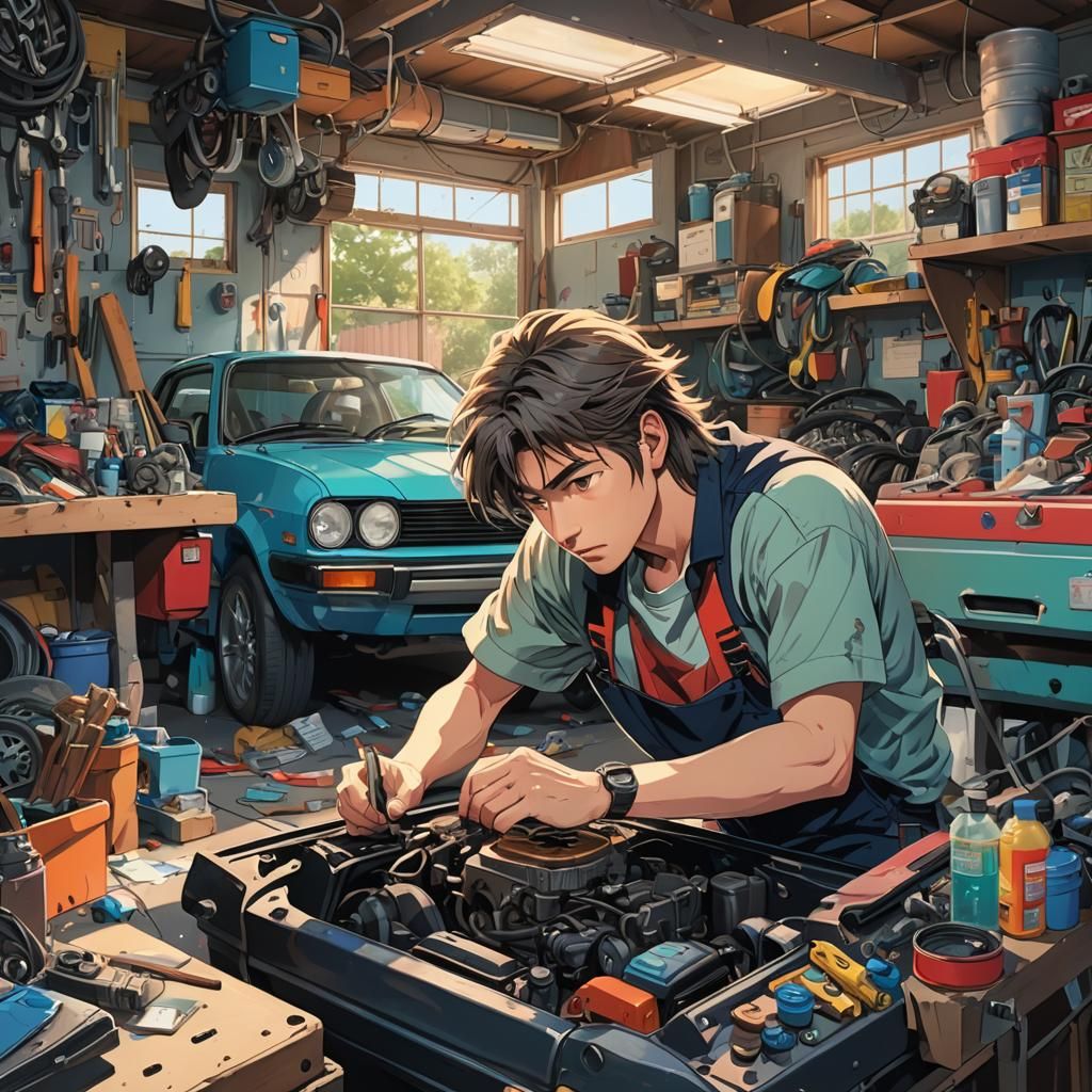 Anime Style Mechanic Working on Car in Garage