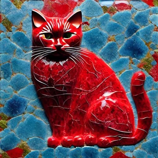 Fluffy Red Cat Embodied in Veined Marble