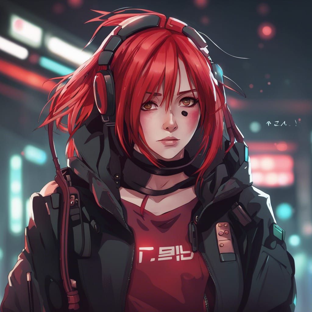Cyberpunk Redhead in Anime Style