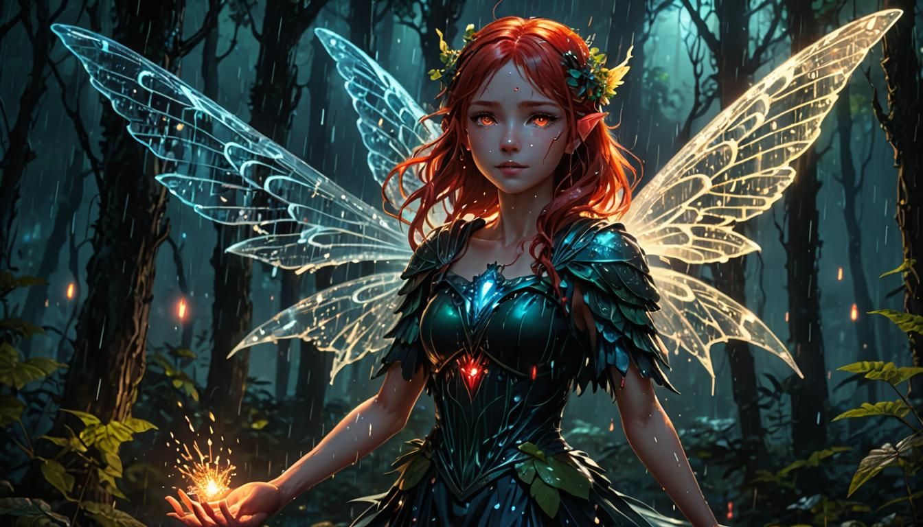 Anime Rain Fairy in Bioluminescent Forest
