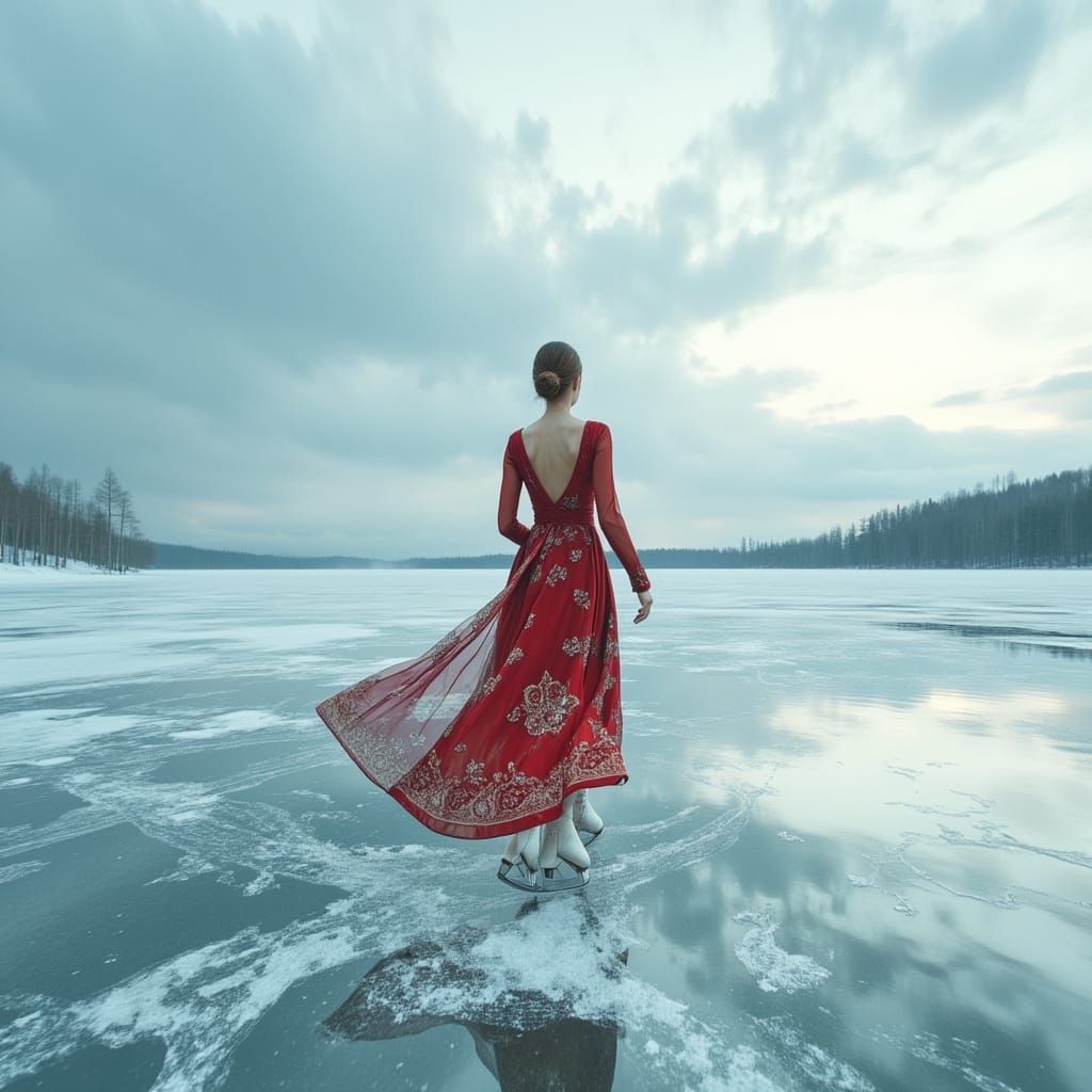 Figure Skater in Red Dress on Frozen Lake