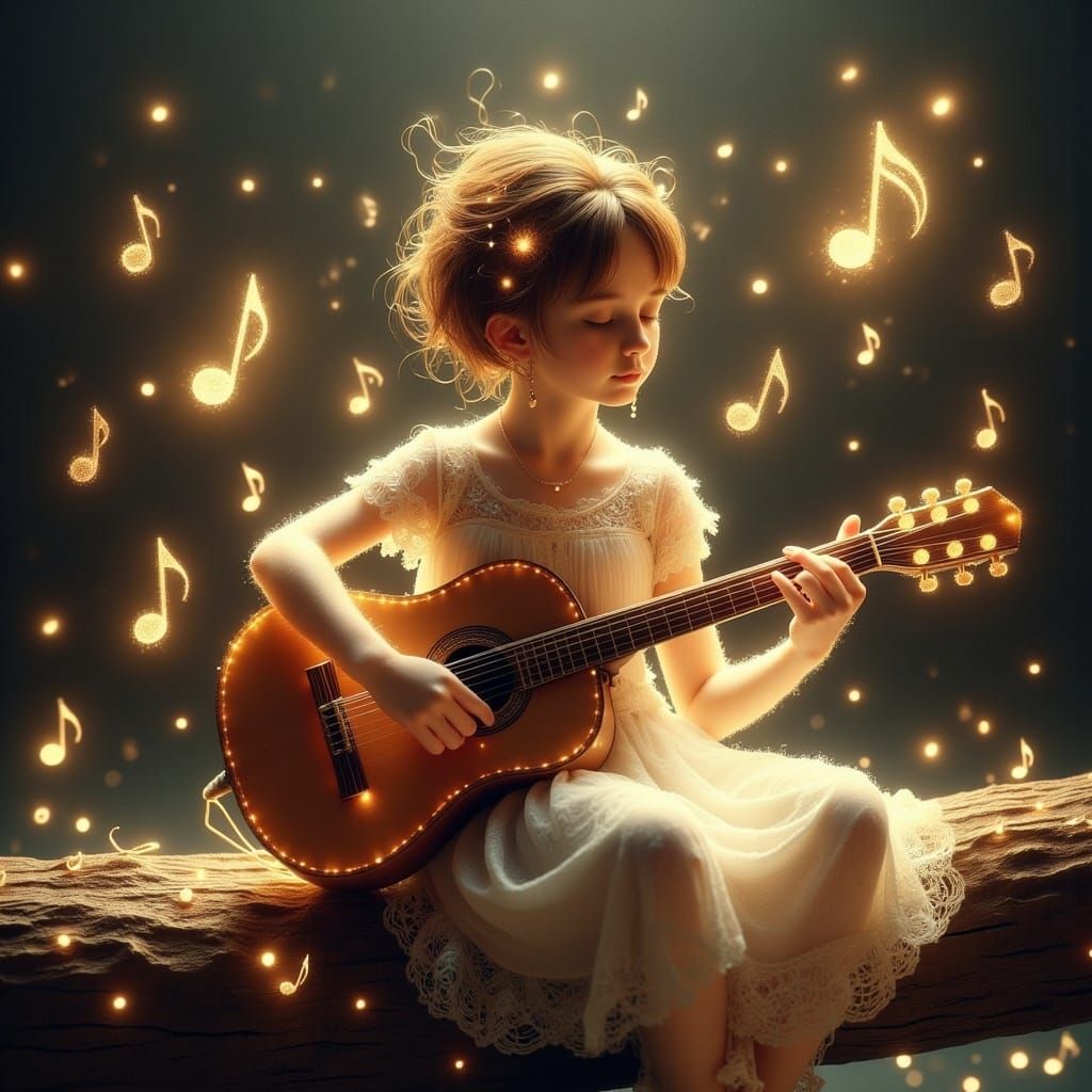 Enchanted Woodland Goddess Plays Guitar Beneath Twinkling Fa...