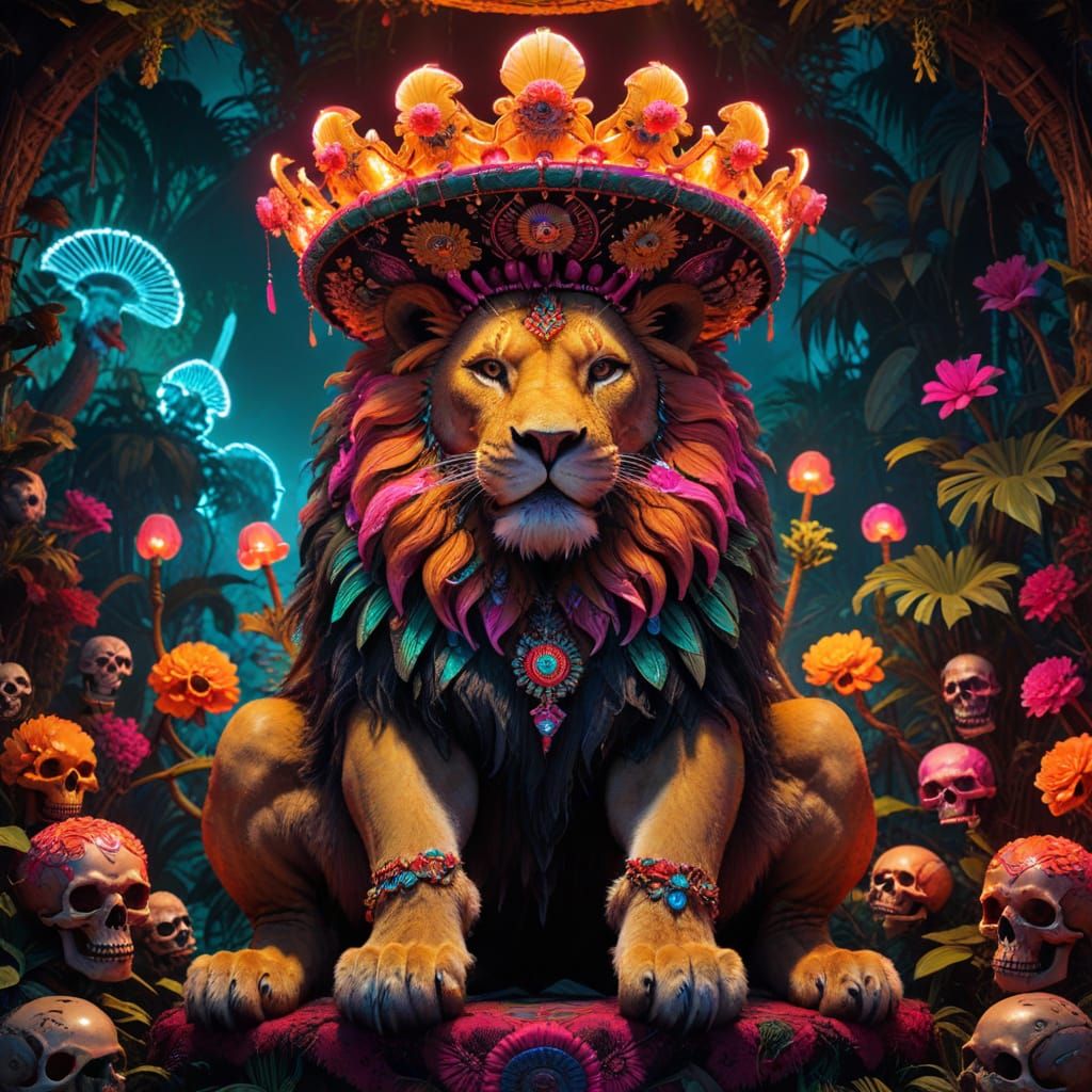Lion in Sombrero on Skull Throne, Japanese Art Style