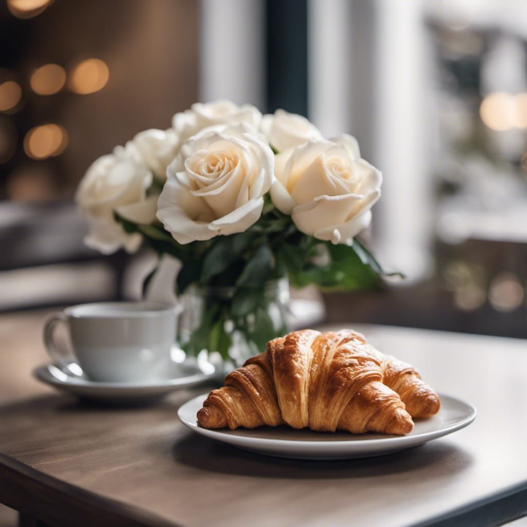 Coffee, Croissant, and Roses in Cafe Setting