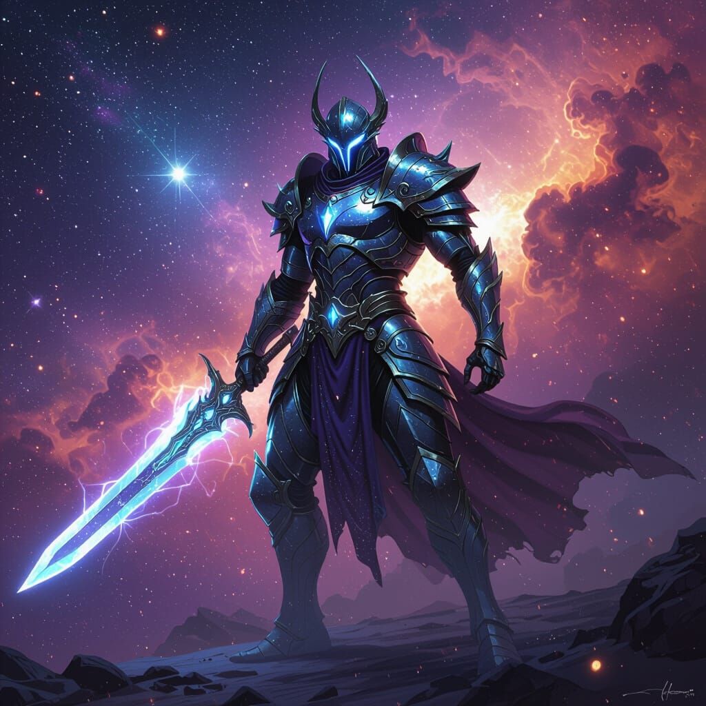 Celestial Titan Warrior in Cosmic Landscape