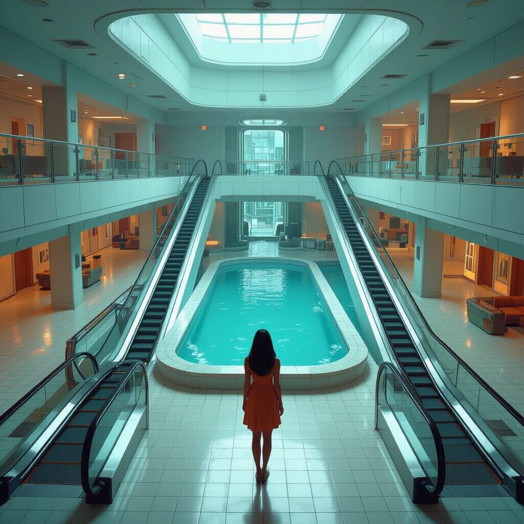 Woman in Surreal Tenth Floor Pool Motel