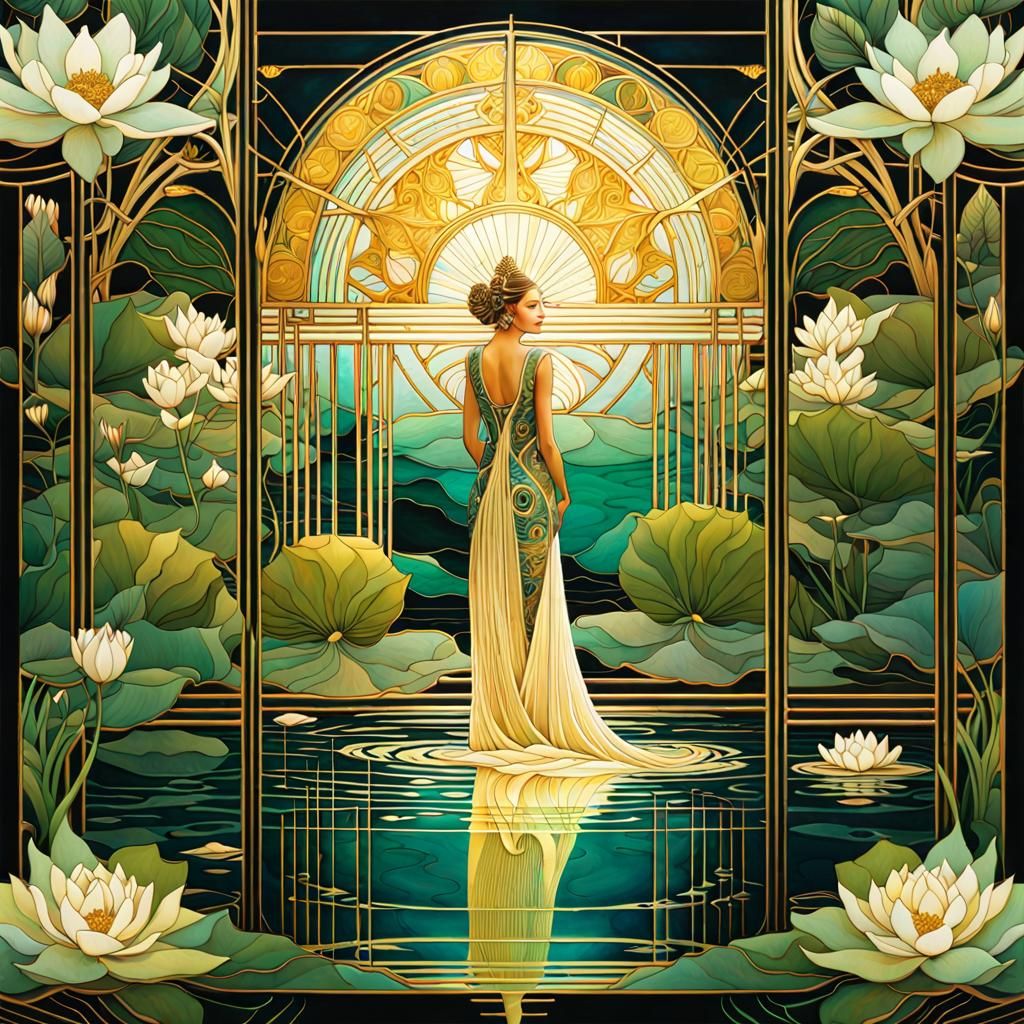 Mucha-Style Waterlily in Underwater Greenhouse