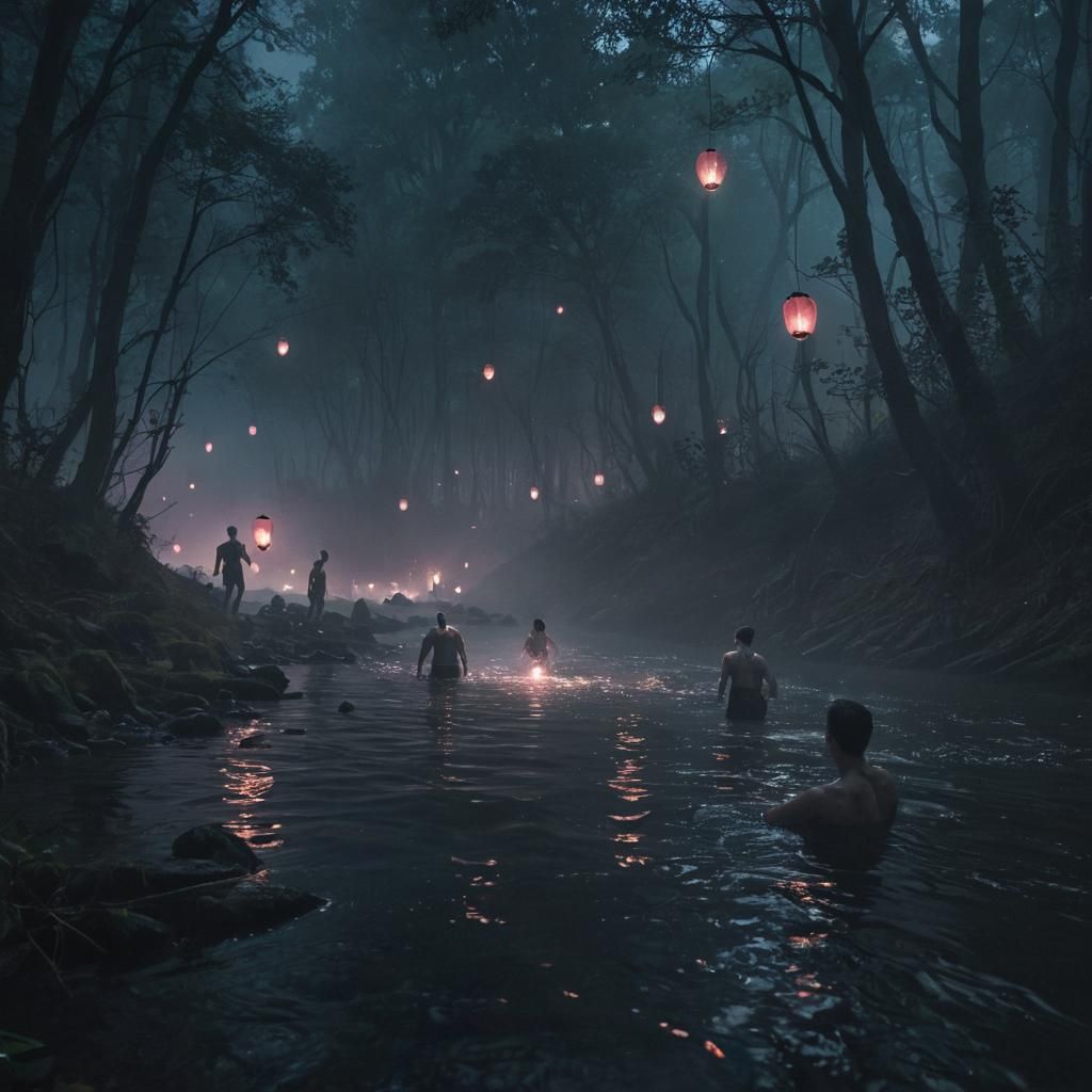 Men Swimming in a Misty Forest: Fantasy Matte Painting