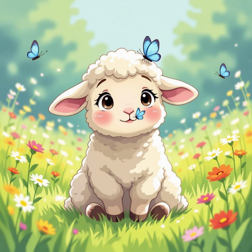 Lamb and Butterfly in Studio Ghibli Style