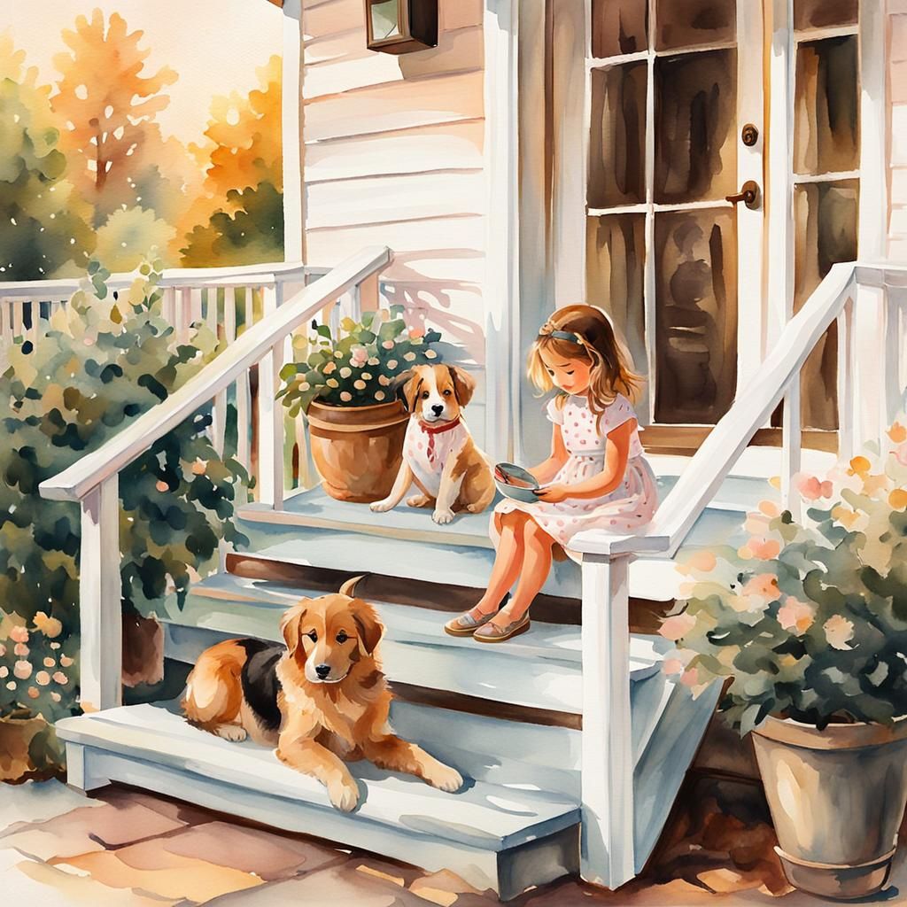 Girl and Puppy on Porch in Watercolor Style