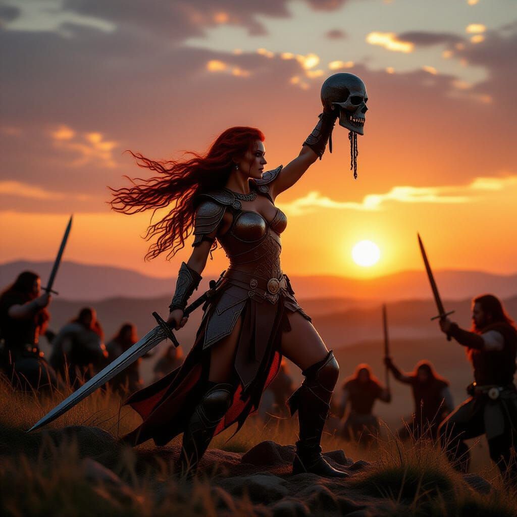 Victorious Barbarian Woman Warrior in Cinematic Style