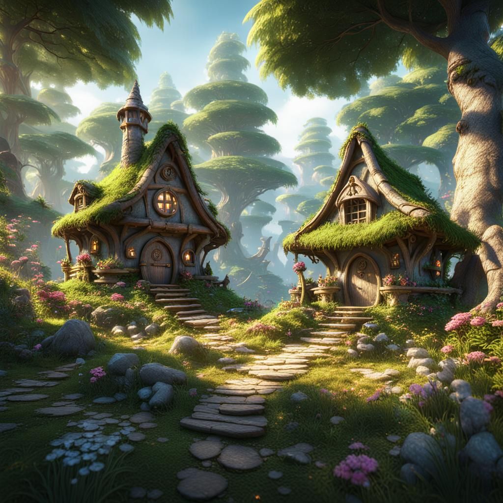 Enchanted Fairy Village in Forest, 3D Rendered