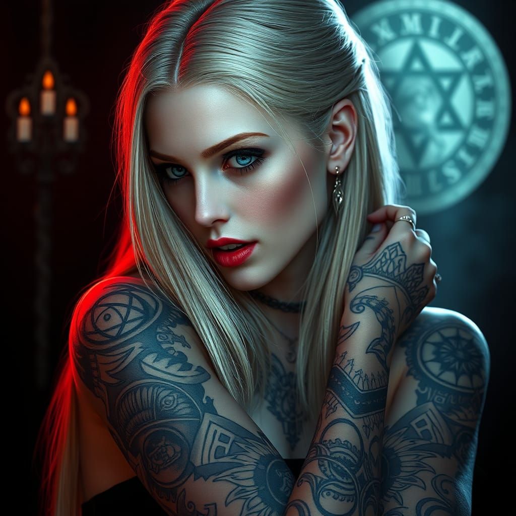 Vampire Portrait with Tattoos in Art Nouveau Style
