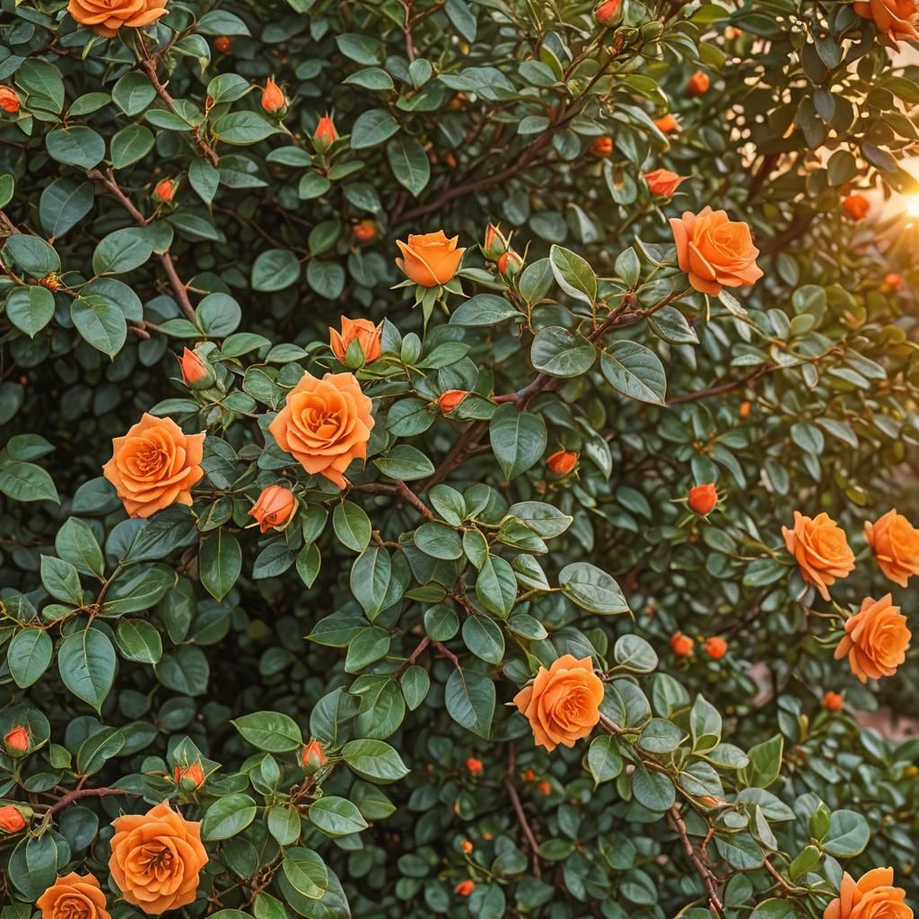 Chameleon on Rose Bush in Sunset: Hyperrealistic Image
