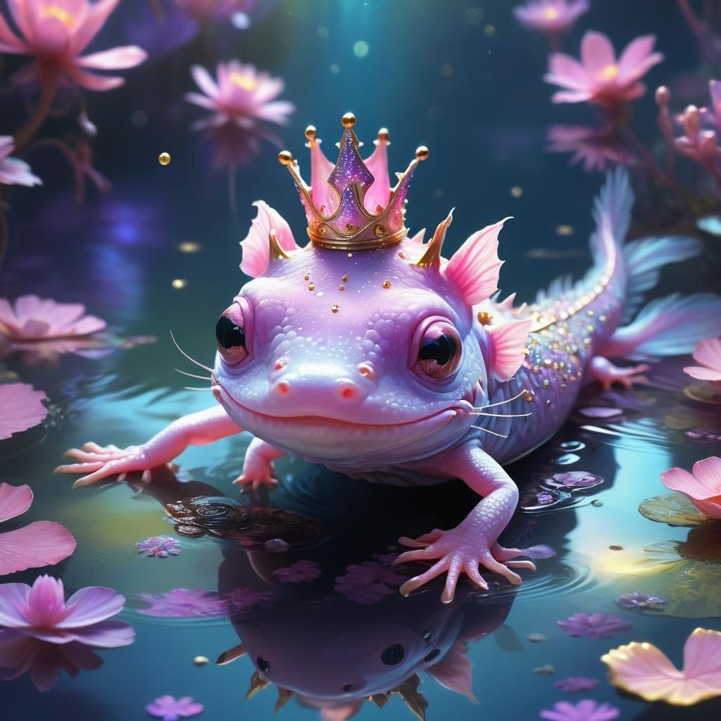 Regal Axolotl in Sparkling Pond: Fantasy Concept Art