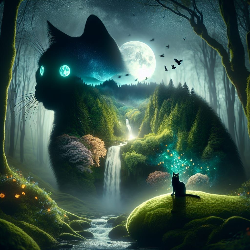 Surreal Double-Exposure Scene: Feline Silhouette Holds Mysti...