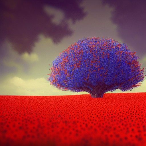 Blue Leaf Elder Tree in Poppy Field