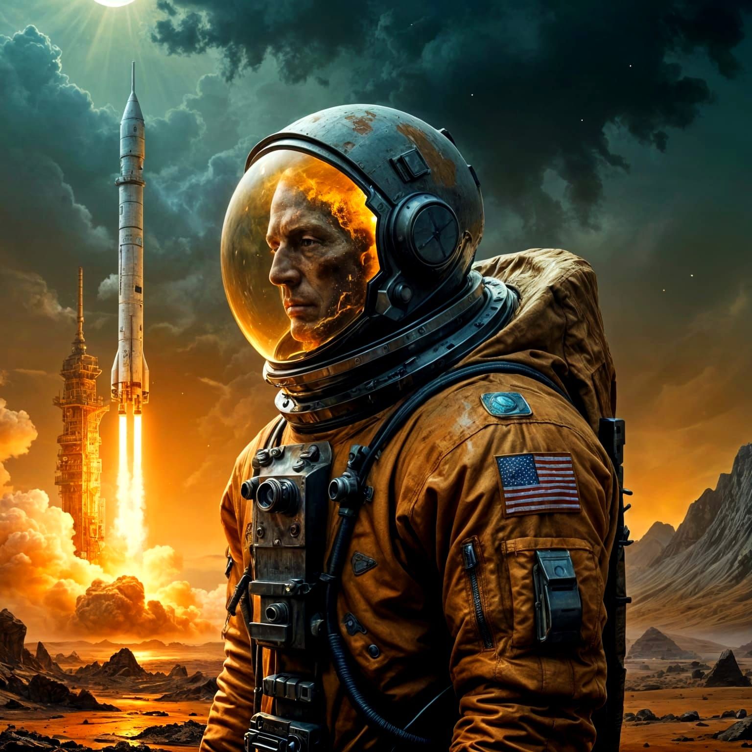 Hyperrealistic Oil Painting: Astronaut and Mystical Pyramid