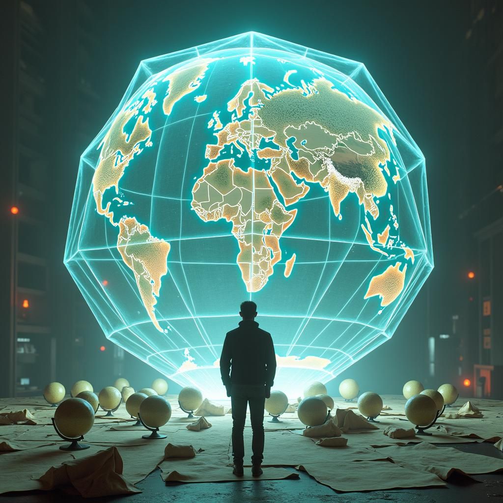 Cartographer and Polyhedral Geography in Futuristic Style