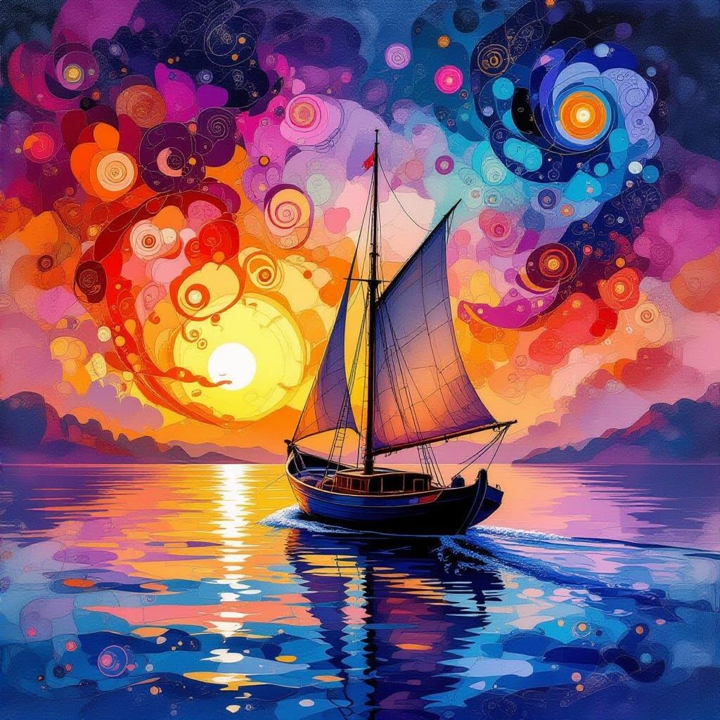 Whimsical Sunset Scene in Vibrant Colors