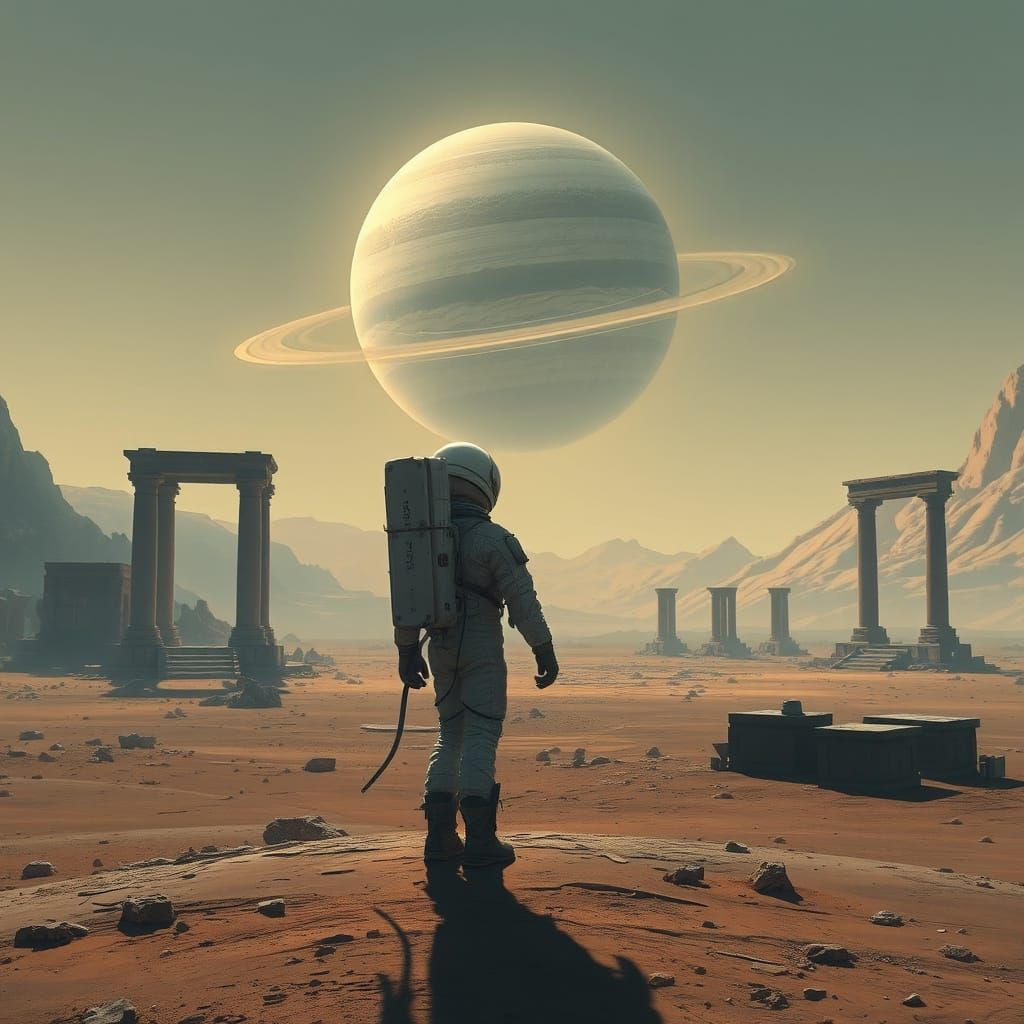Astronaut on Alien Planet with Ringed Gas Giant
