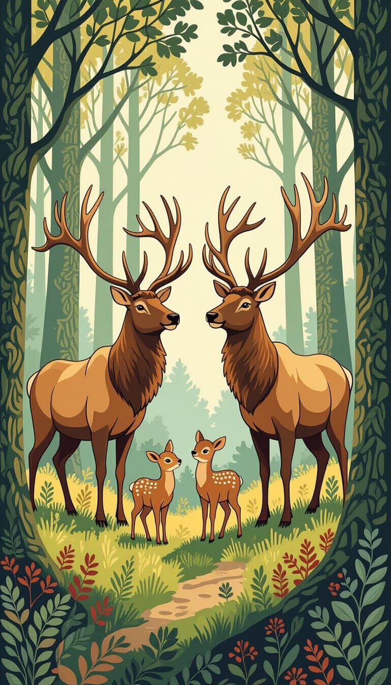 Irish Elk Family in Ancient Forest, Cartoon Style