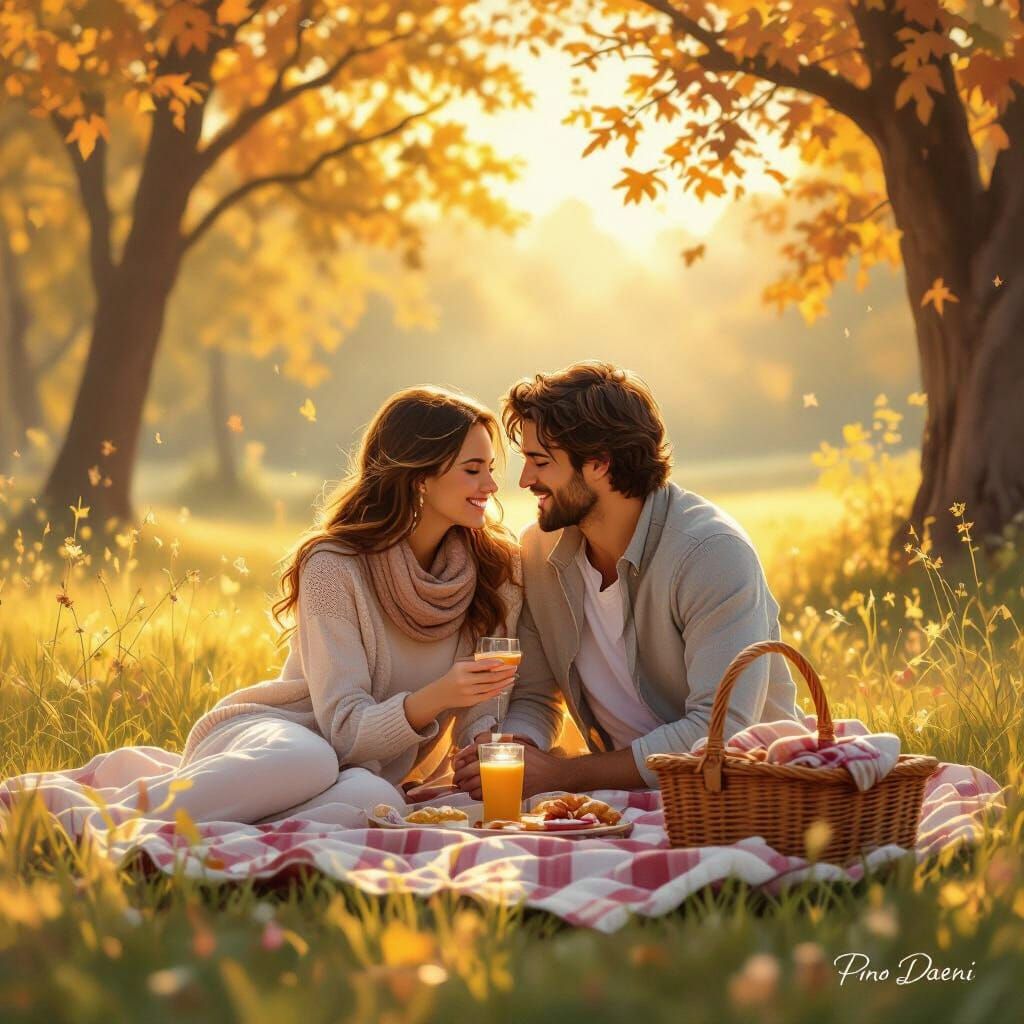 Couple's Romantic Picnic in Golden Hour Light