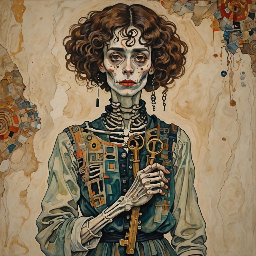 Woman with Skeleton Key in Gouache Style