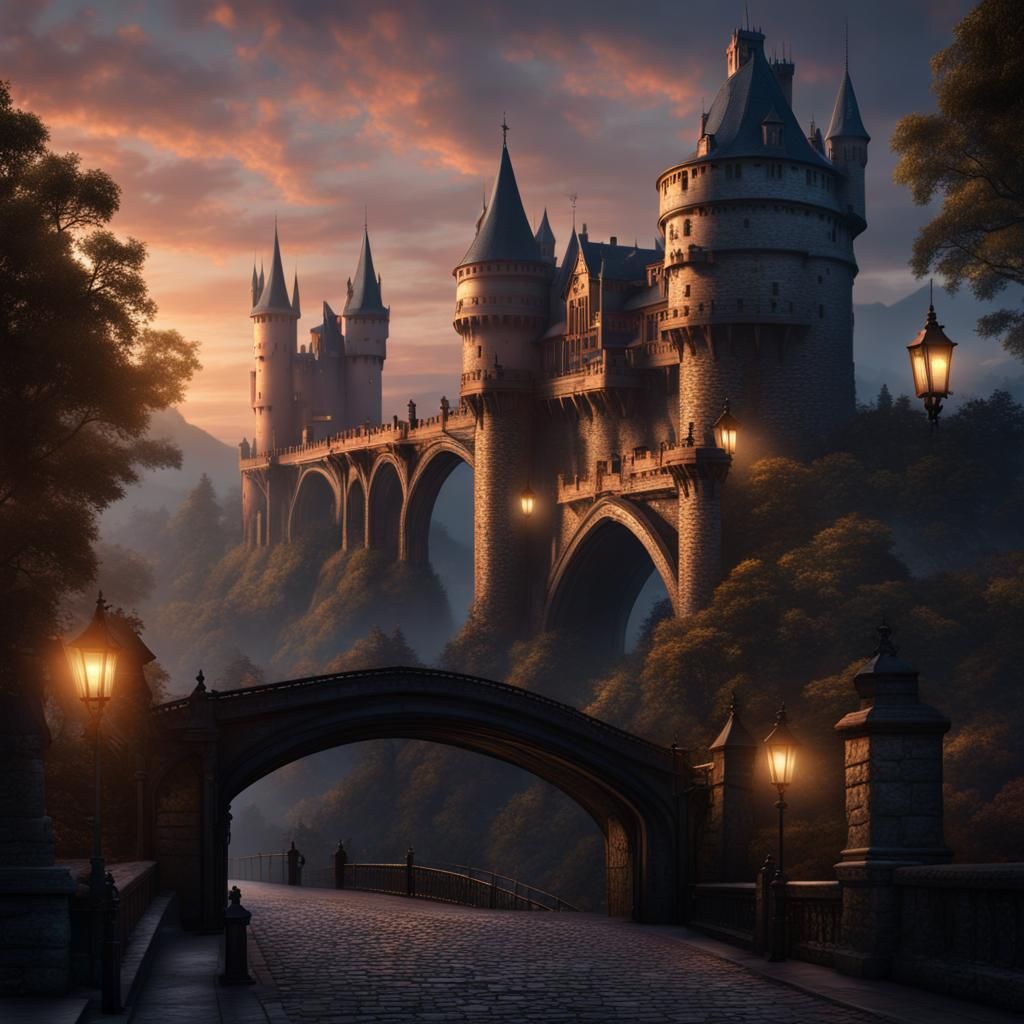 Fantastical Castle with Dragon Statue in Matte Painting