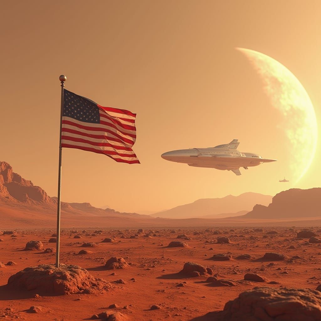 American Flag on Mars with Starship in Futuristic Style
