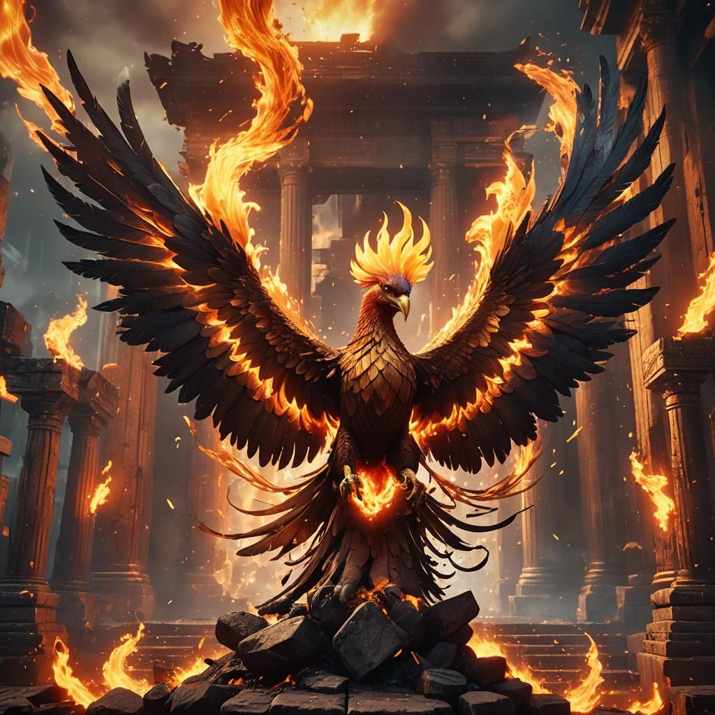 Fiery Phoenix Spreads Wings in Ancient Ruins
