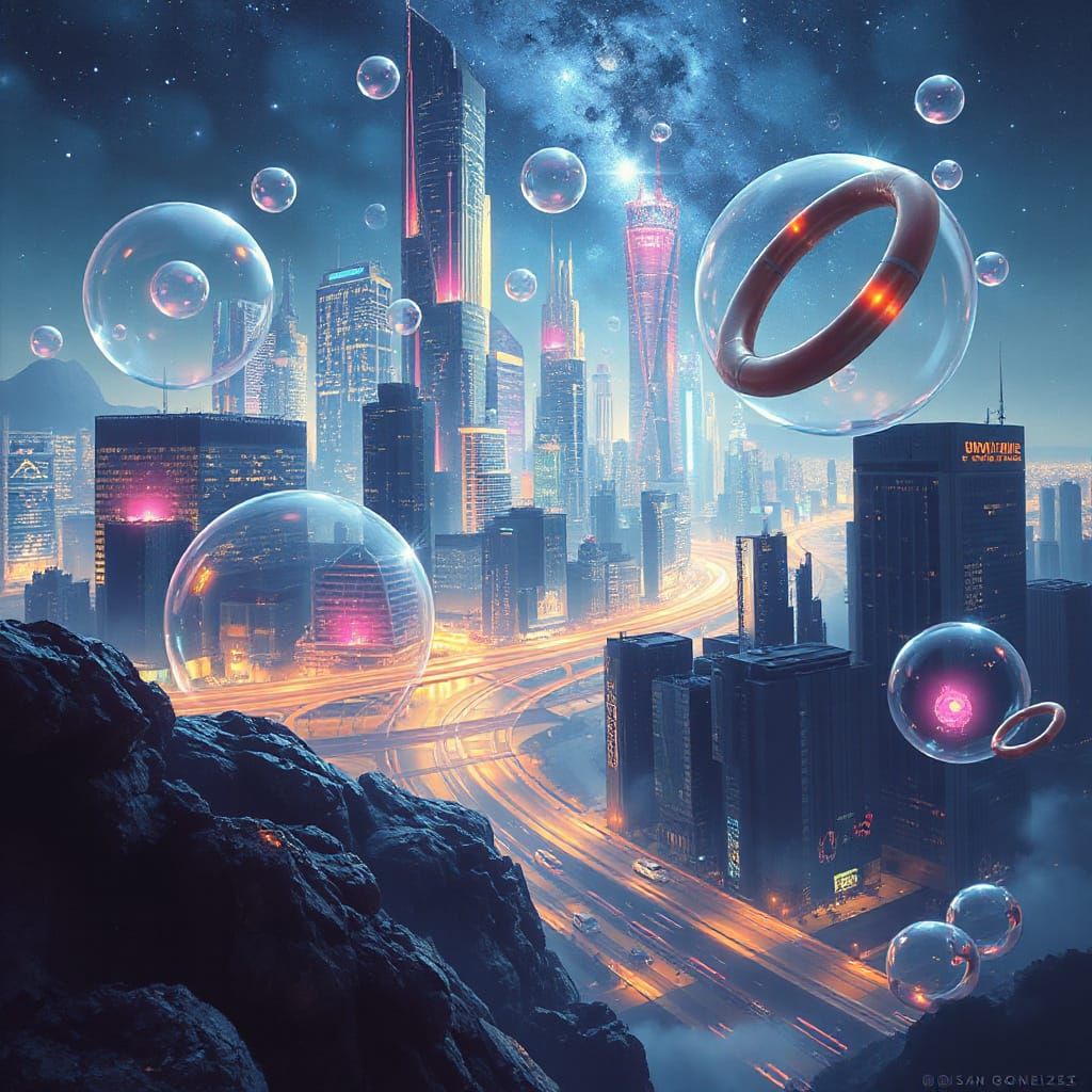 “A futuristic cyberpunk city skyline built entirely out of transparent, shimmering bubbles glowing in neon colors.