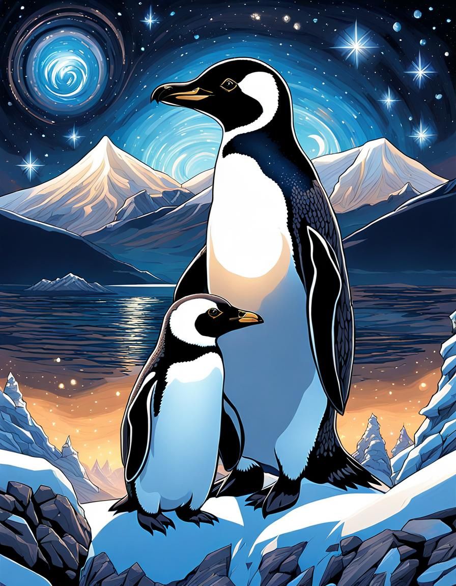 Penguin Family Under Starry Sky: Photorealistic Fantasy Art