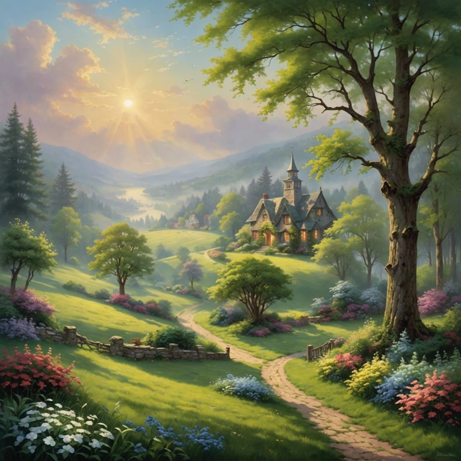 Ethereal Sunlit Clearing Landscape in Fantasy Style