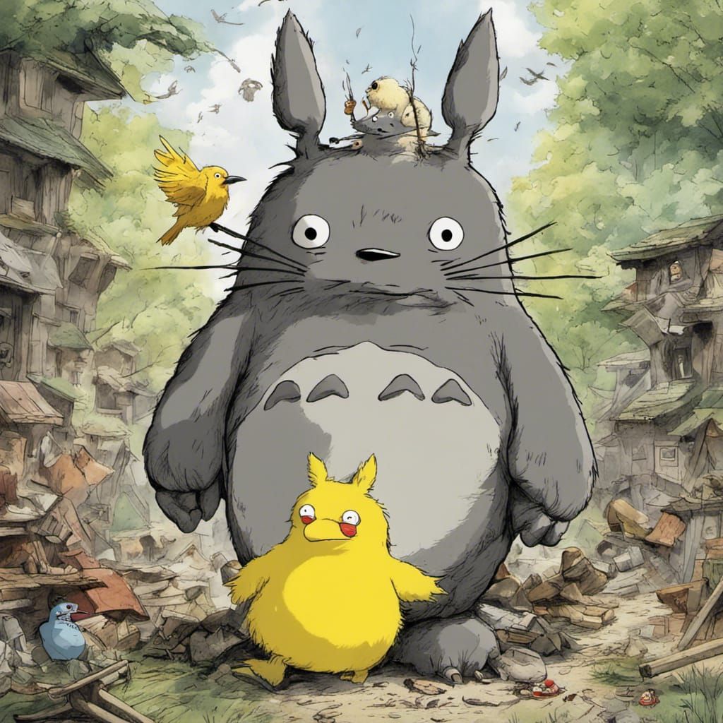 Totoro and Big Bird's Whimsical Encounter