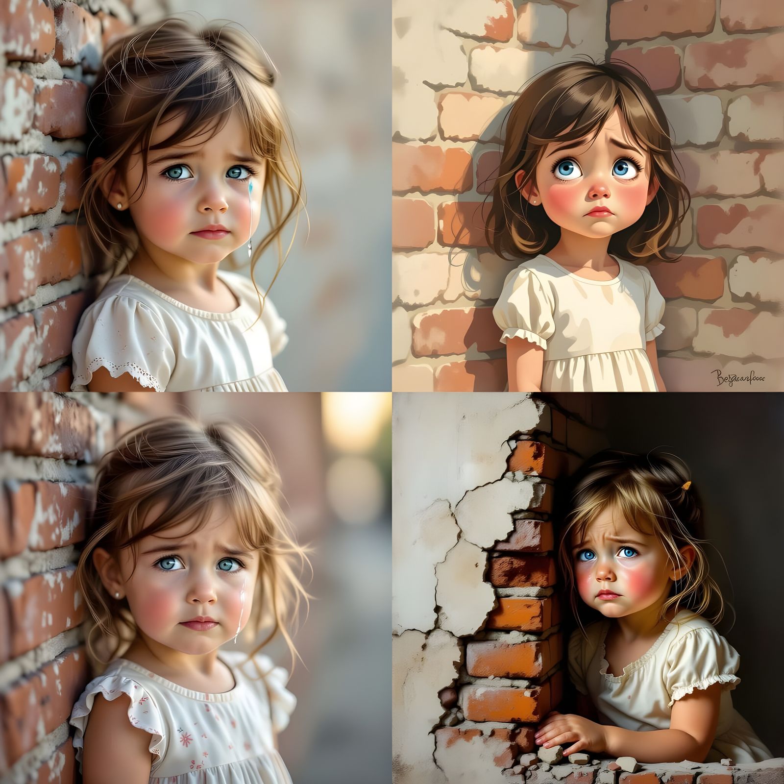 Sad Young Girl Cries Beside a Wall