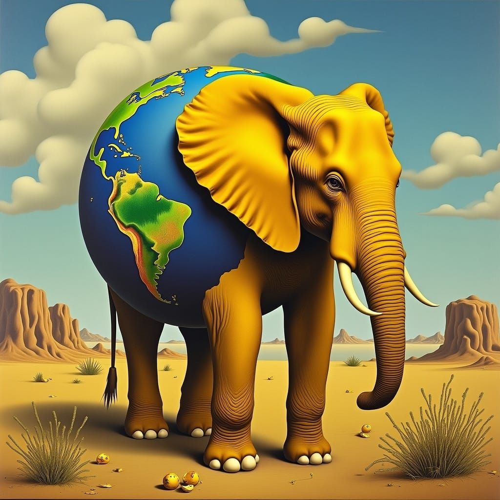 Yellow Elephant with World Inside Head