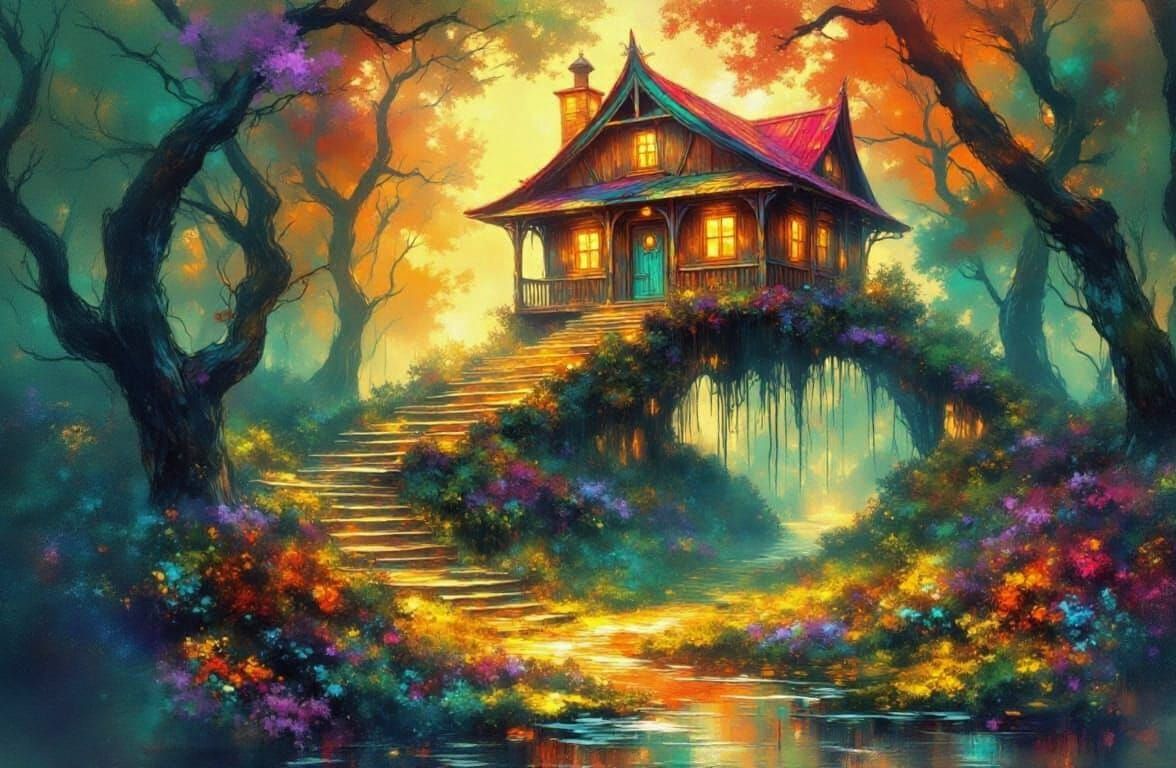 Whimsical Watercolor Forest Scene in Ethereal Style