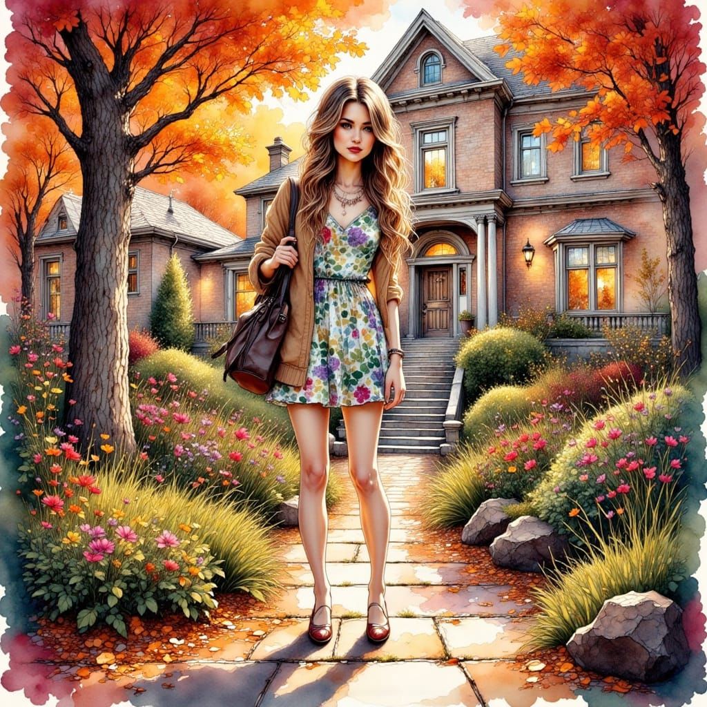 Autumn Evening: Woman in Flower Dress, Ink Art Style