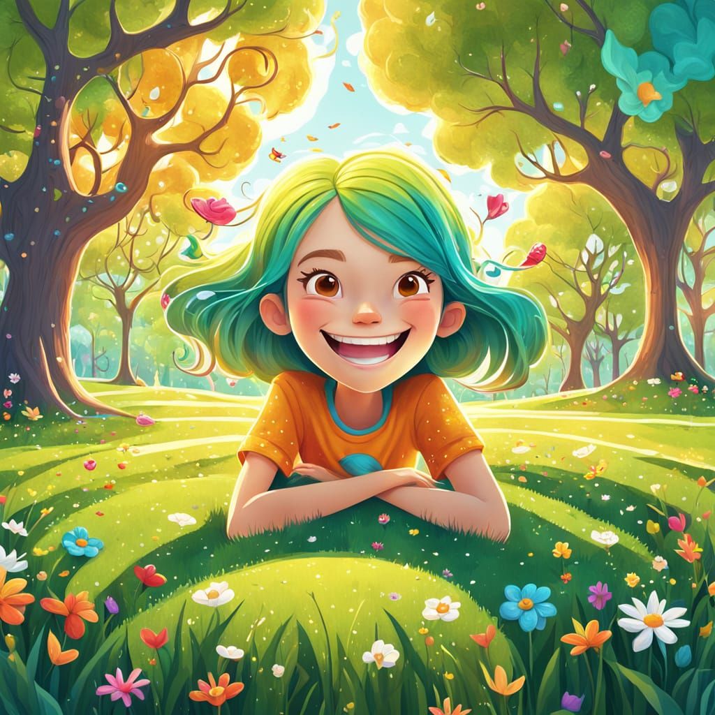 Whimsical Cartoon: Girl in a Funny-Face Park