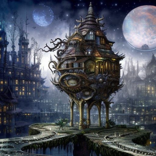 Clockwork Village in Bonsai Tree: Digital Illustration