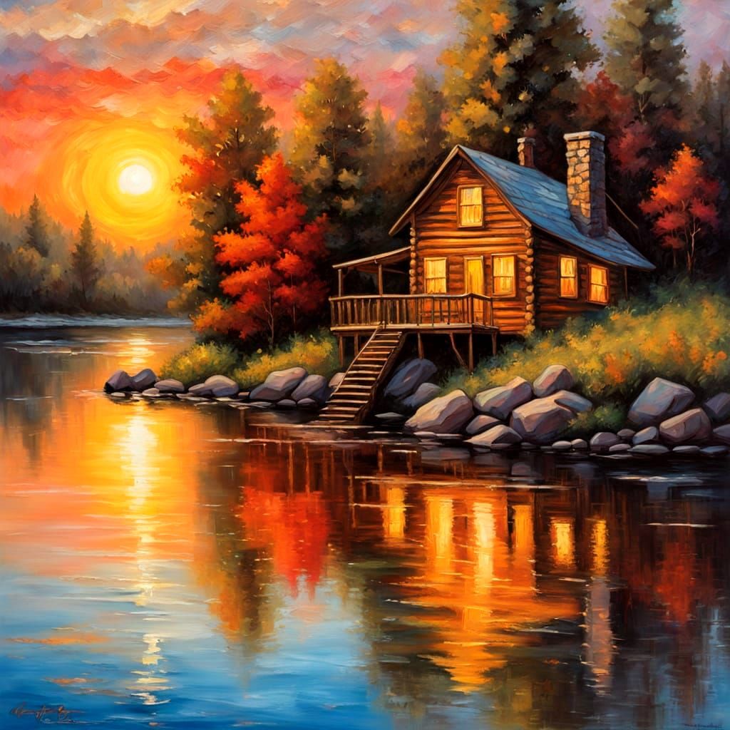 log cabin by a lake at sunset.